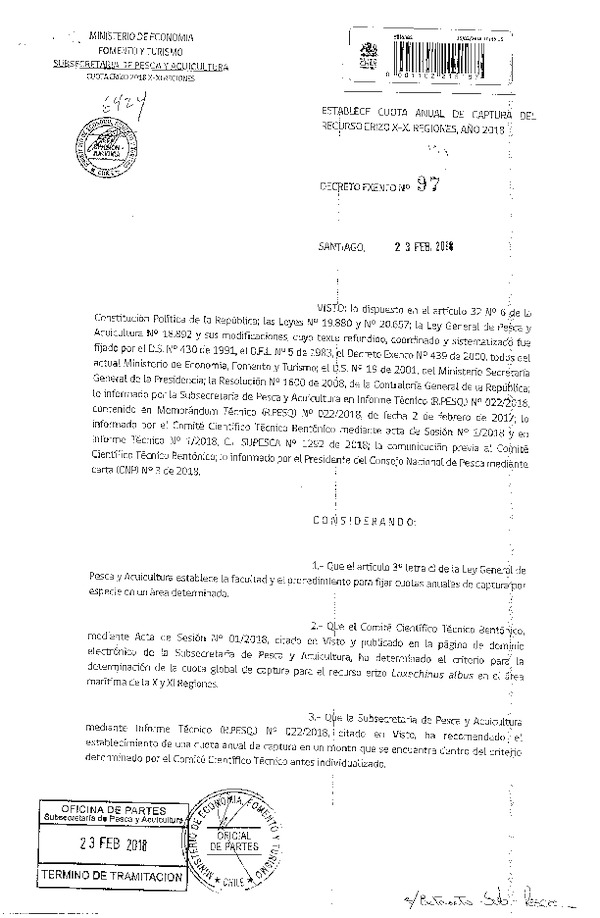 Dec. Ex. N° 97-2018 Establece Cuota Anual de Captura del Recurso Erizo, X-XI Regiones. (F.D.O. 28-02-2018)