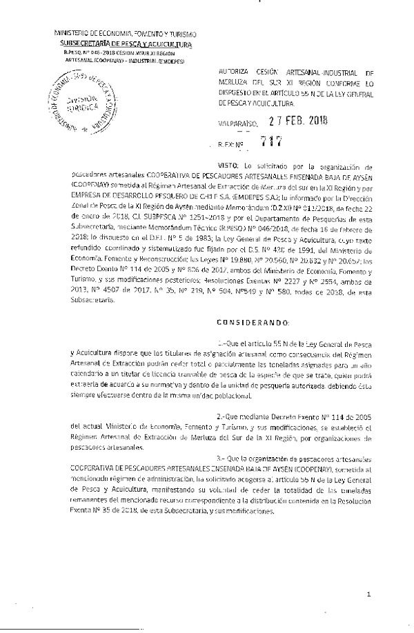 Res. Ex. N° 717-2018 Cesión Merluza del sur XI Región.
