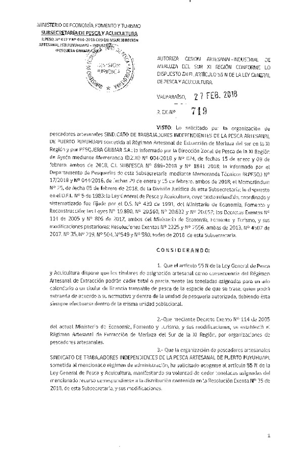 Res. Ex. N° 719-2018 Cesión Merluza del sur XI Región.