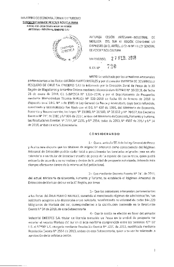Res. Ex. N° 720-2018 Cesión Merluza del sur XI Región.