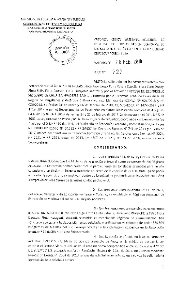 Res. Ex. N° 727-2018 Cesión Merluza del sur XII Región.