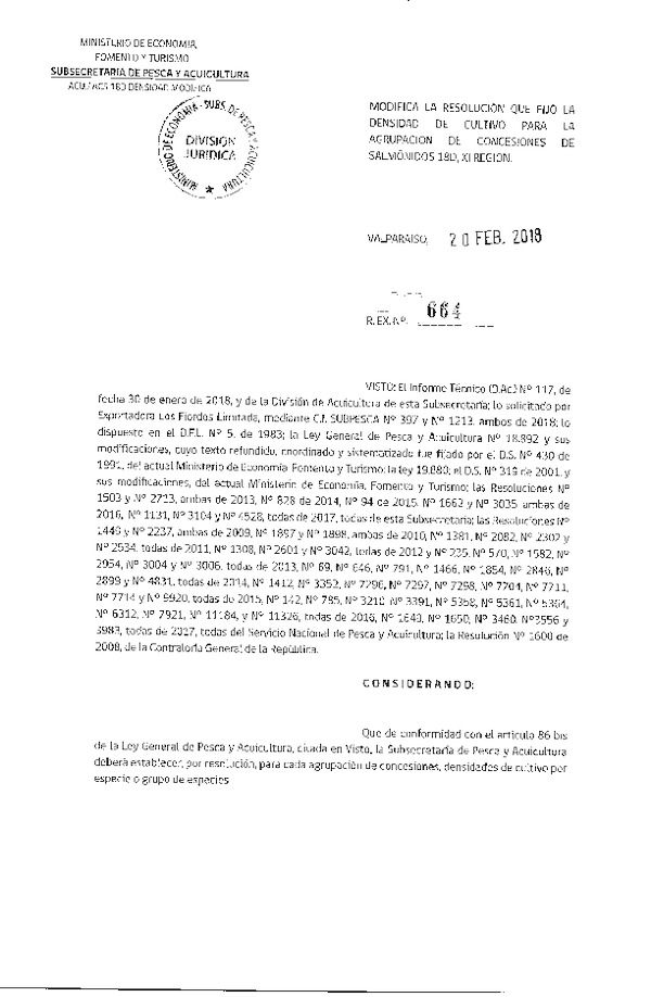 Res. Ex. N° 664-2018 Modifica Res. Ex. N° 4528-2017 Fija Densidad de Cultivo para la Agrupación de Concesiones de Salmónidos 18D en la XI Región. (Con Informe Técnico) (Publicado en Página Web 20-02-2018) (F.D.O. 27-02-2018)