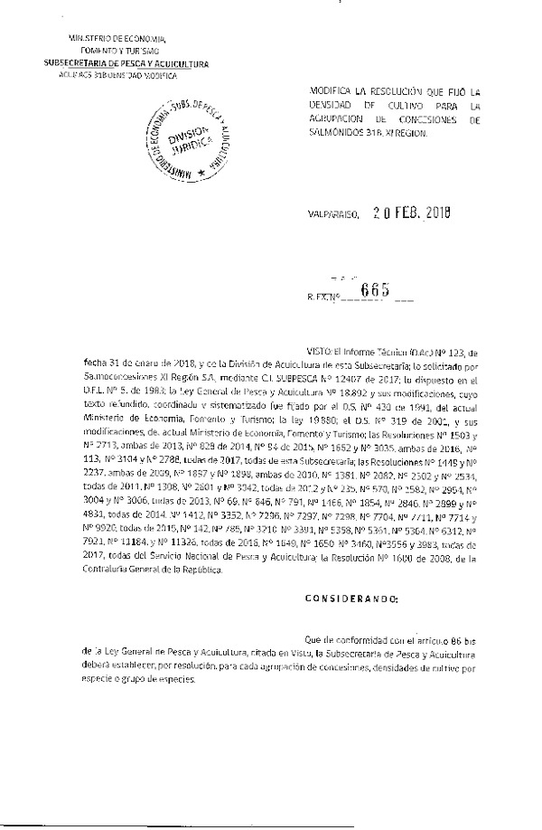 Res. Ex. N° 665-2018 Modifica Res. Ex. N° 2788-2017 Fija Densidad de Cultivo para la Agrupación de Concesiones de Salmónidos 31 B, X Región. (Con Informe Técnico) (Publicado en Página Web 20-02-2018) (F.D.O. 27-02-2018)