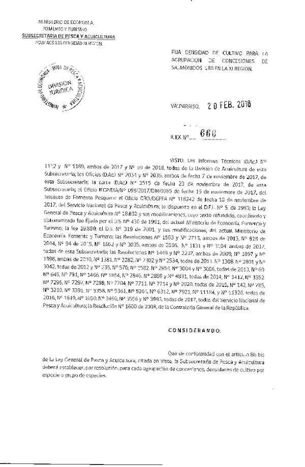 Res. Ex. N° 666-2018 Fija Densidad de Cultivo para la Agrupación de Concesiones de Salmónidos 19 B XI Región. (Con Informe Técnico) (Publicado en Página Web 20-02-2018) (F.D.O. 27-02-2018)