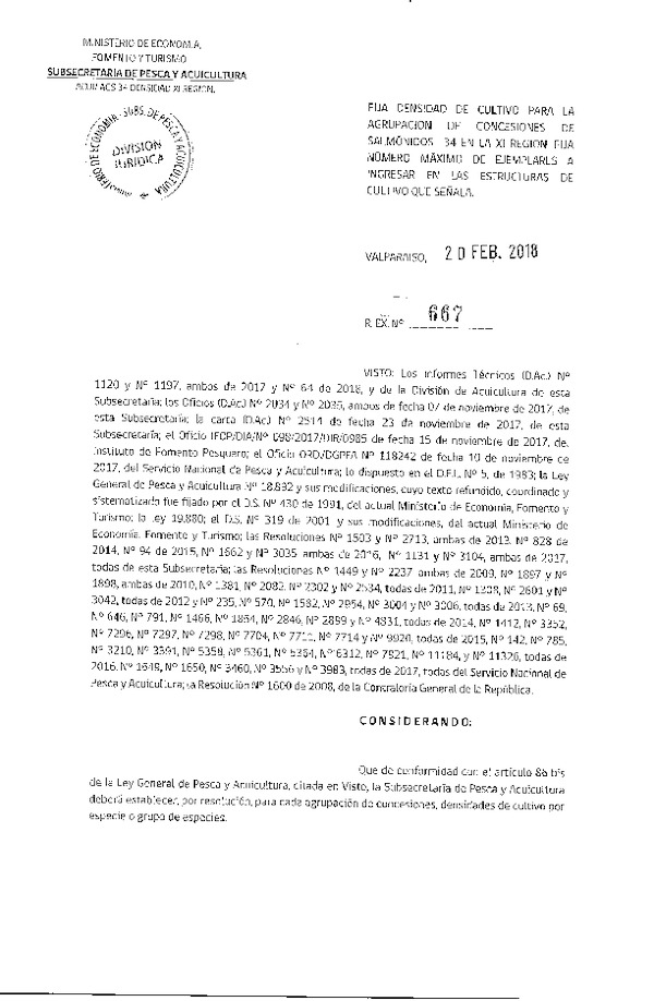 Res. Ex. N° 667-2018 Fija Densidad de Cultivo para la Agrupación de Concesiones de Salmónidos 34 XI Región. (Con Informe Técnico) (Publicado en Página Web 27-09-2017)(F.D.O. 27-02-2018)