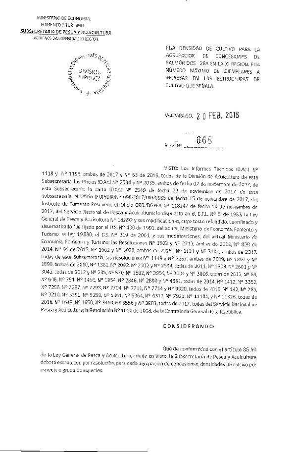 Res. Ex. N° 668-2018 Fija Densidad de Cultivo para la Agrupación de Concesiones de Salmónidos 34 XI Región. (Con Informe Técnico) (Publicado en Página Web 20-02-2018) (F.D.O. 27-02-2018)