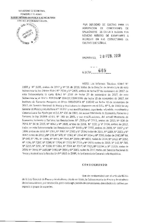 Res. Ex. N° 669-2018 Fija Densidad de Cultivo para la Agrupación de Concesiones de Salmónidos 38 X Región. (Con Informe Técnico) (Publicado en Página Web 20-02-2018) (F.D.O. 27-02-2018)