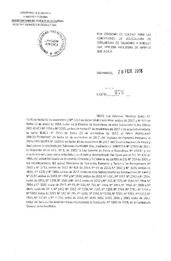 Res. Ex. N° 670-2018 Fija Densidad de Cultivo para las Concesiones de Acuicultura que Indica. (Con Informe Técnico) (Publicado en Página Web 20-02-2018)