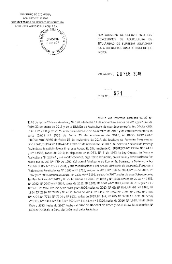 Res. Ex. N° 671-2018 Fija Densidad de Cultivo para las Concesiones de Acuicultura que Indica. (Con Informe Técnico) (Publicado en Página Web 20-02-2018)