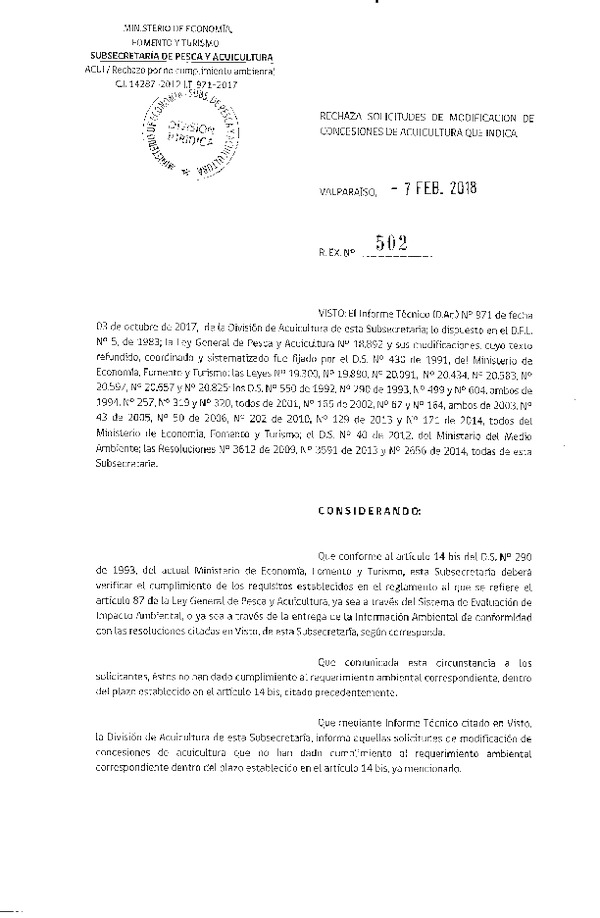 Res. Ex. N° 502-2018 Rechaza solicitudes de modificación de concesiones de acuicultura que indica.