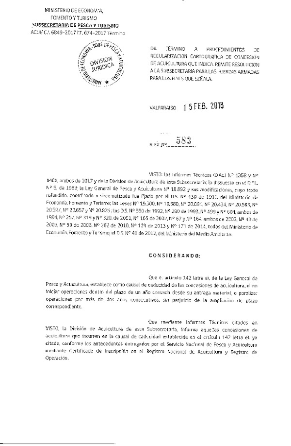 Res. Ex. N° 583-2018 Da término a procedimiento de regularización cartográfica de concesión de acuicultura que indica. Remite resolución a la Subsecretaría para las Fuerzas Armadas para los fines que señala.