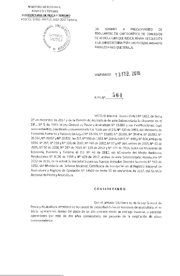 Res. Ex. N° 564-2018 Da término a procedimiento de regularización cartográfica de concesión de acuicultura que indica. Remite resolución a la Subsecretaría para las Fuerzas Armadas para los fines que señala.