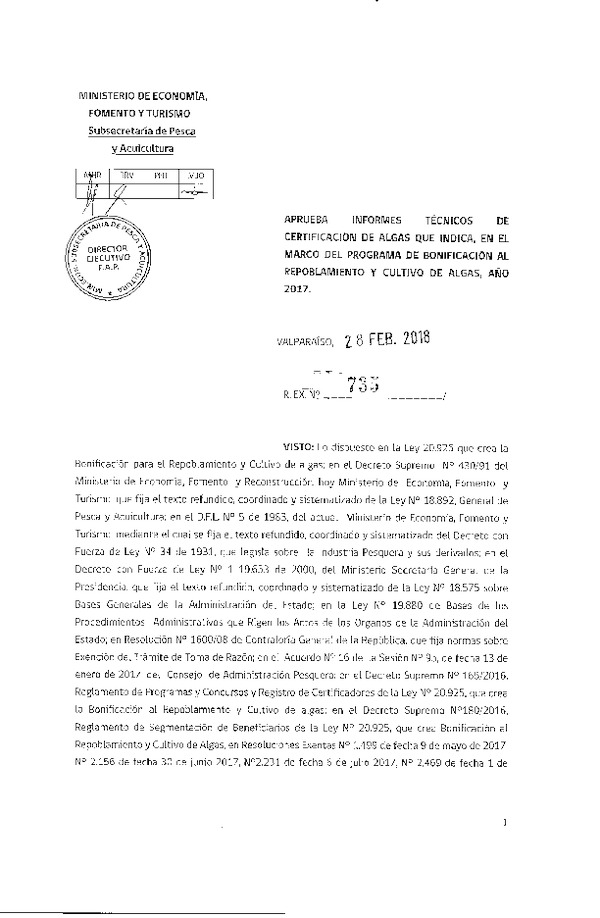 Res. Ex. N° 735-2018 Aprueba informes técnicos de certificación de algas que indica.