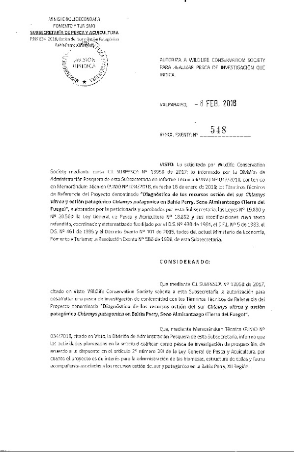 Res. Ex. N° 548-2018 Diagnóstico de los recursos Ostión del sur y Ostión patagónico.