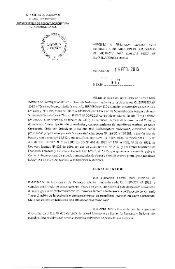 Res. Ex. N° 577-2018 Investigación de la ecología y comportamiento de mamíferos marinos.