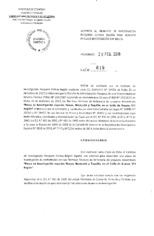 Res. Ex. N° 649-2018 Pesca de investigación especie huepo, navajuela y taquilla, VIII Región.