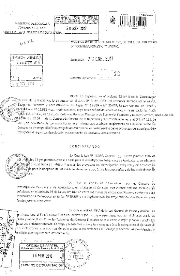 D.S. N° 12-2017 Modifica D.S. Nº 126-2013 Establece Reglamento de funcionamiento del Consejo de Investigación Pesquera y de Acuicultura de los Participantes de los Proyectos de Investigación y Tesis y de los Requisitos de Selección y Acreditación de los Evaluadores Externos. (F.D.O. 22-02-2018)