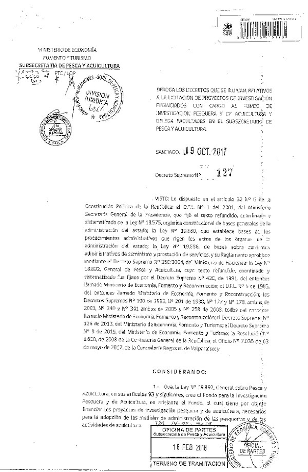 D.S. N° 127-2017 Deroga los Decretos que se Indican Relativos a la Licitación de Proyectos de Investigación Financiados con Cargo al Fondo de Investigación Pesquera y de Acuicultura. (F.D.O. 22-02-2018)