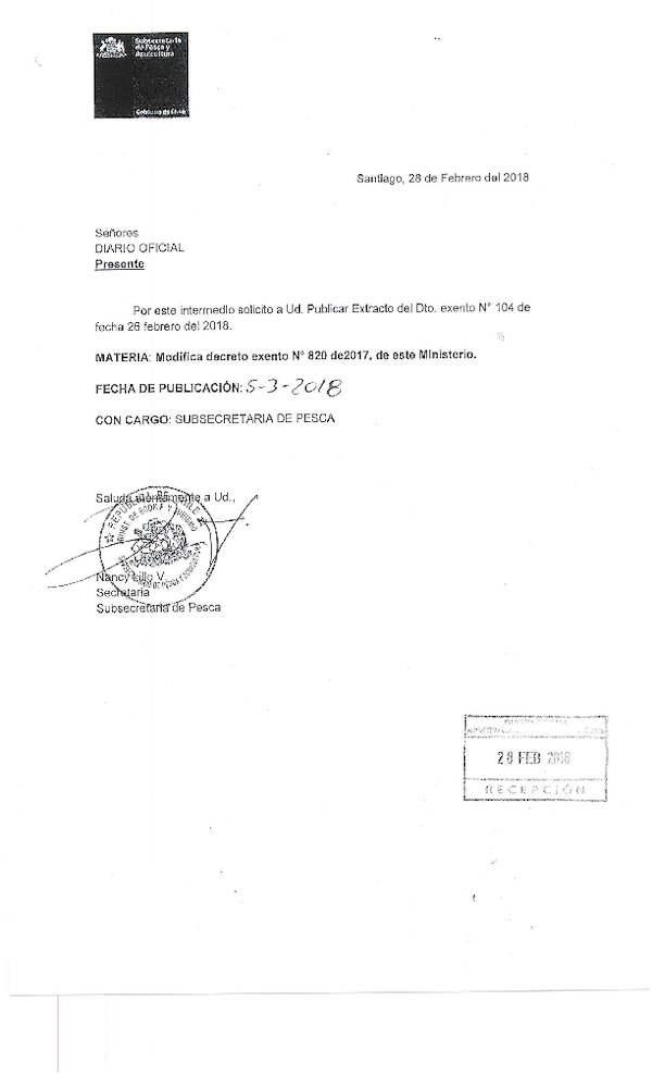 Dec. Ex. N° 104-2018 Modifica Dec. Ex. N° 820-2017 Establece Establece Veda Extractiva Recurso loco, XV-XI. (Publicado en Página Web 02-03-2018) (F.D.O. 05-03-2018)