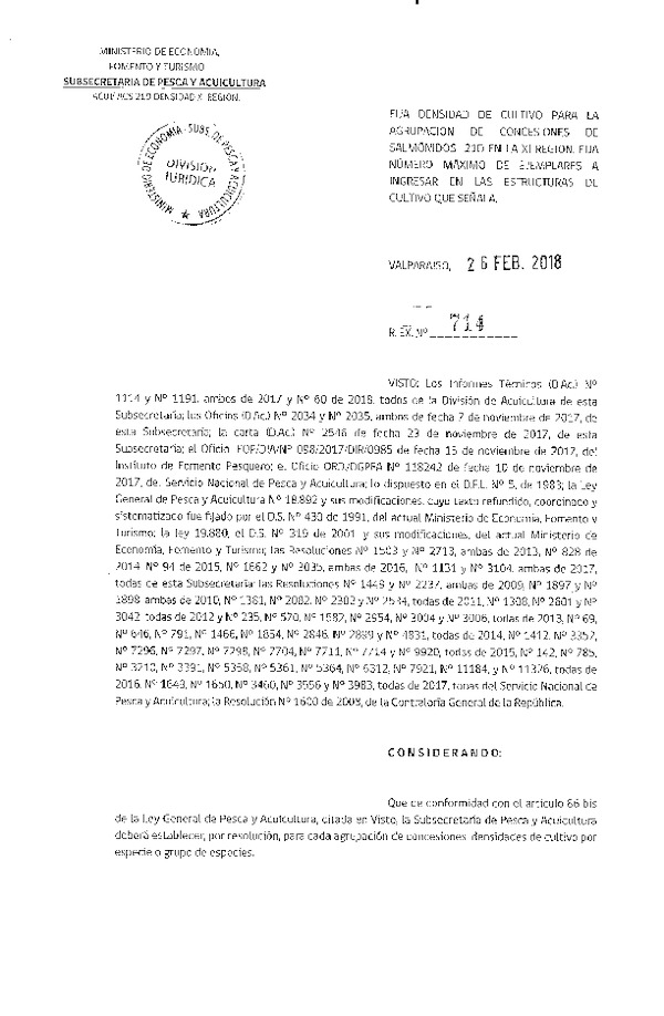 Res. Ex. N° 714-2018 Fija Densidad de Cultivo para la Agrupación de Concesiones de Salmónidos 21D, XI Región. (Con Informe Técnico) (Publicado en Página Web 02-03-2018) (F.D.O. 03-03-2018)