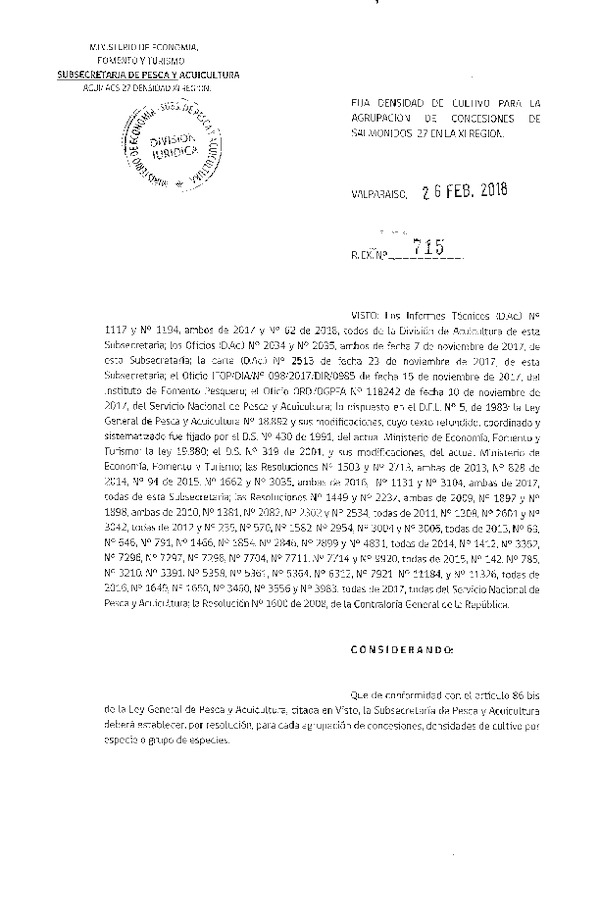 Res. Ex. N° 715-2018 Fija Densidad de Cultivo para la Agrupación de Concesiones de Salmónidos 27, XI Región. (Con Informe Técnico) (Publicado en Página Web 02-03-2018) (F.D.O. 03-03-2018)