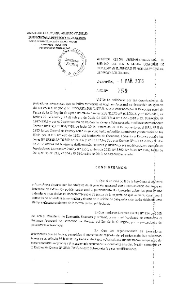 Res. Ex. N° 759-2018 Cesión Merluza del sur XI Región.
