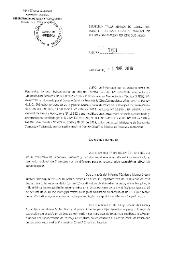 Res. Ex. N° 763-2018 Establece Talla Mínima de Extracción para el Recurso Erizo y Margen de Tolerancia en X-XI Regiones. (Publicado en Página Web 02-03-2018)