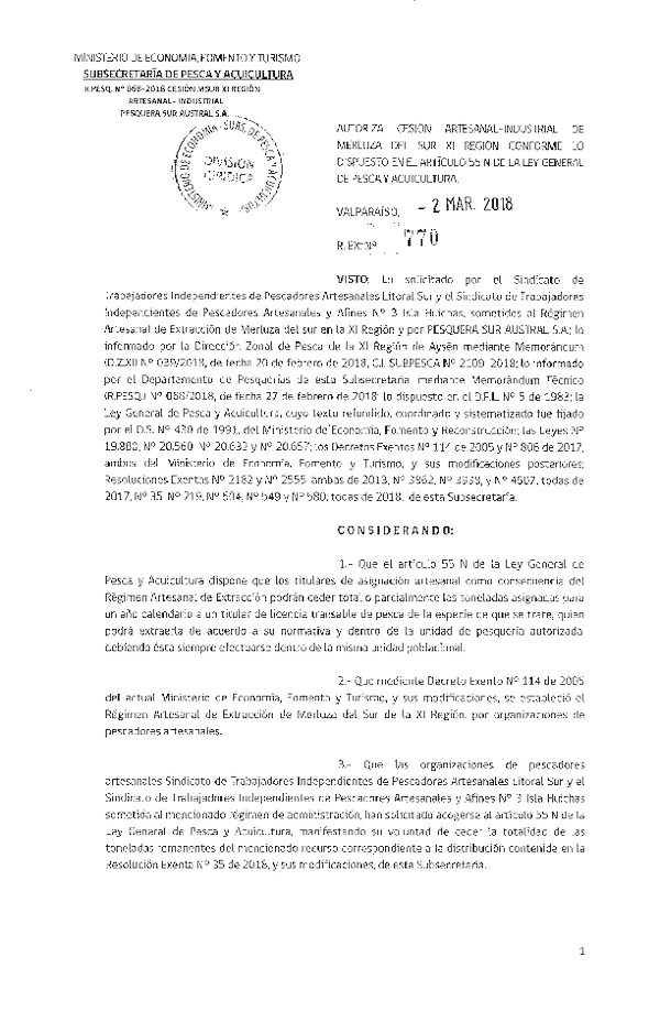 Res. Ex. N° 770-2018 Cesión Merluza del sur XI Región.