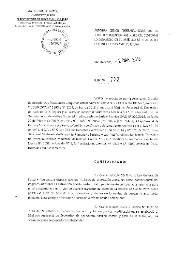 Res. Ex. N° 773-2018 Cesión Jurel X Región.