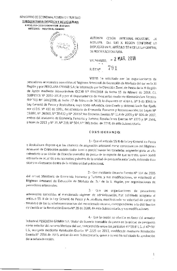 Res. Ex. N° 791-2018 Cesión Merluza del sur XI Región.