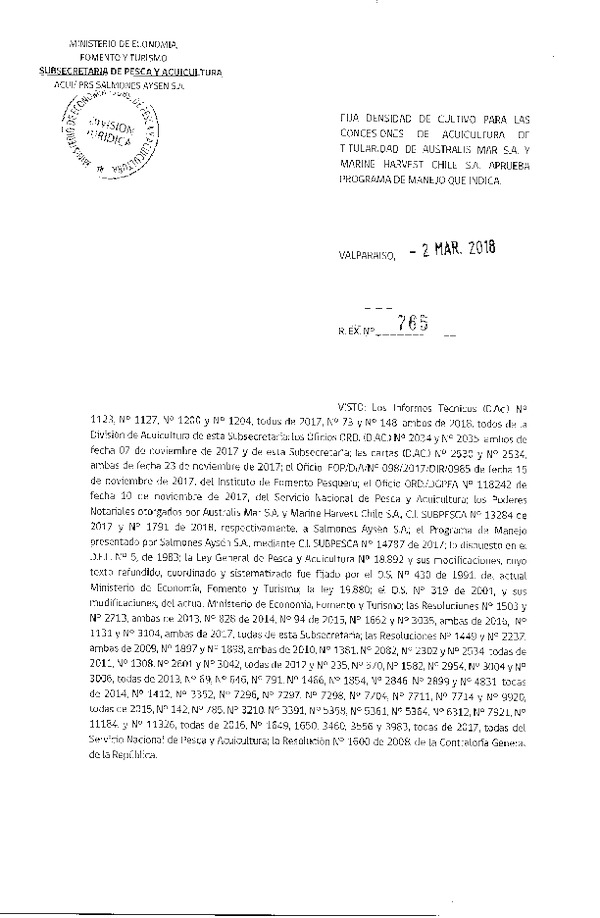 Res. Ex. N° 765-2018 Fija Densidad de Cultivo para las Concesiones de Acuicultura que Indica. (Con Informe Técnico) (Publicado en Página Web 05-03-2018)