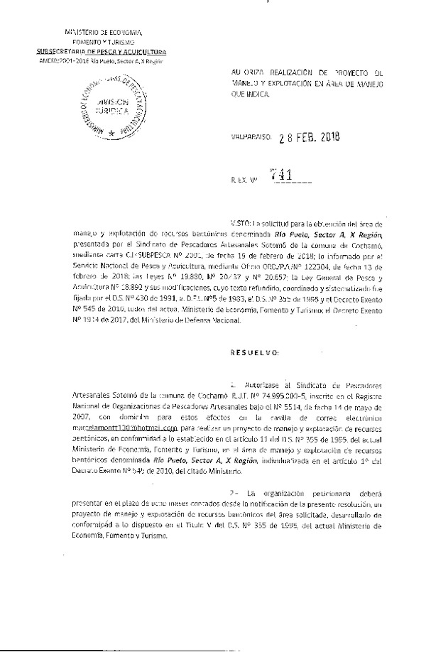 Res. Ex. N° 741-2018 Proyecto de Manejo.