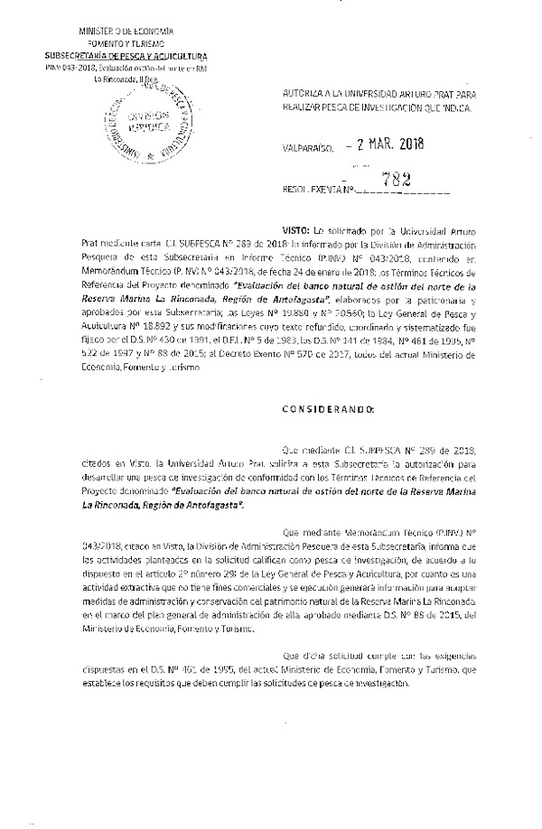 Res. Ex. N° 782-2018 evaluación de banco natural de ostión del norte, II Región.