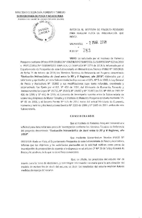 Res. Ex. N° 783-2018 evaluación hidroacústica de jurel, XV-V Región.