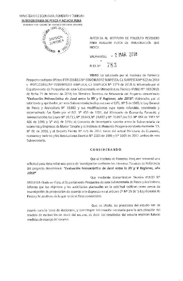 Res. Ex. N° 783-2018 evaluación hidroacústica de jurel, XV-V Región.