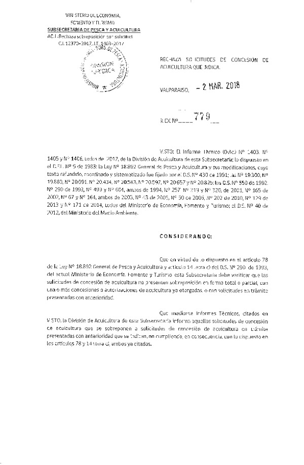 Res. Ex. N° 779-2018 Rechaza solicitudes de concesión de acuicultura que indica.