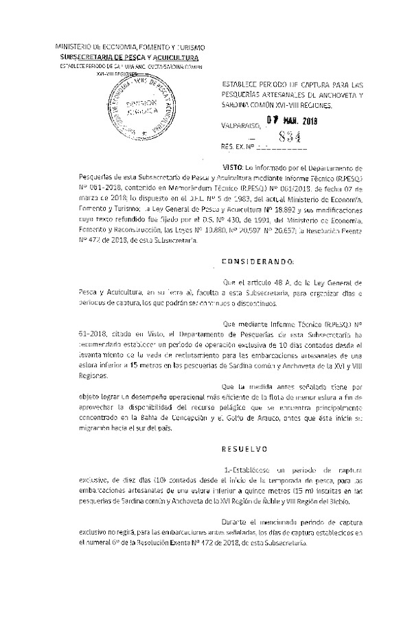 Res. Ex. N° 834-2018 Establece Período de Captura para las Pesquerías Artesanales de Anchoveta y Sardina Común XVI-VIII Regiones.(Publicado en Página Web 07-03-2018) (F.D.O. 20-03-2018)