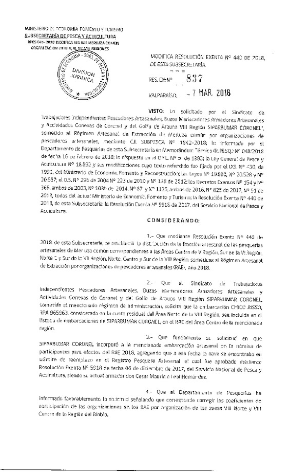 Res. Ex. N° 837-2018 Modifica Res. Ex. N° 440-2018 Distribución de la fracción artesanal de Pesquería de merluza común por Organización en áreas que indica, año 2018. (Publicado en Página Web 08-03-2018) (F.D.O. 20-03-2018)