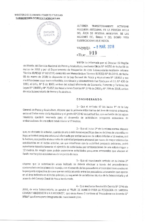 Res. Ex. N° 919-2018 Autoriza Transitoriamente Actividad Pesquera Artesanal en la Primera Milla del Área de Reserva Artesanal de las Regiones del Ñuble y del Biobío. (Publicado en Página Web 08-03-2018) (F.D.O. 20-03-2018)