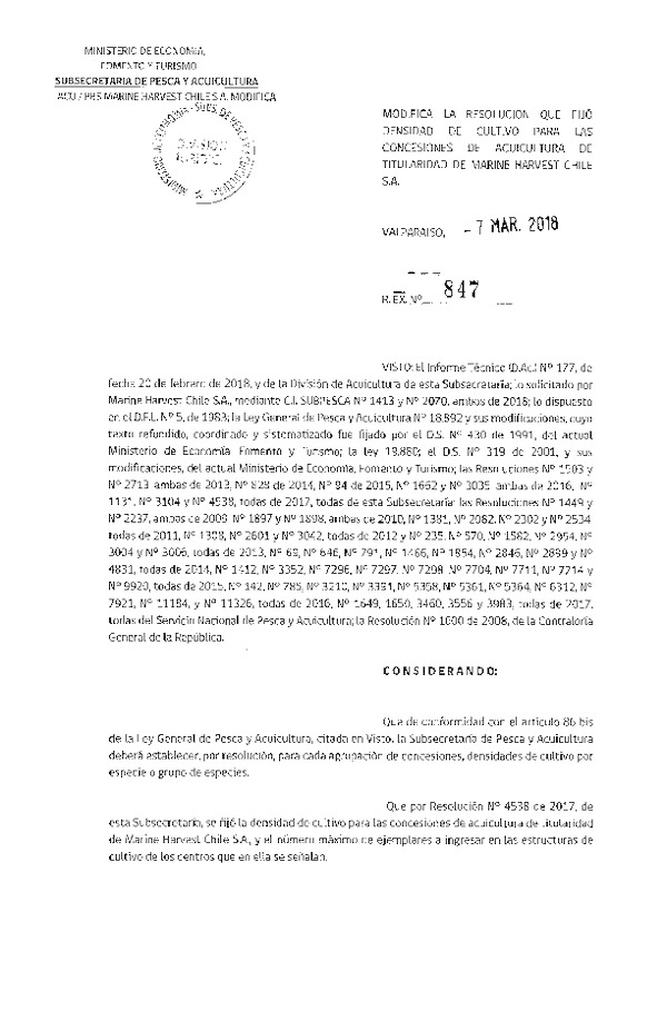 Res. Ex. N° 847-2018 Modifica Res. Ex. N° 4538-2017 Fija Densidad de Cultivo para las Concesiones de Acuicultura que Indica. (Con Informe Técnico).