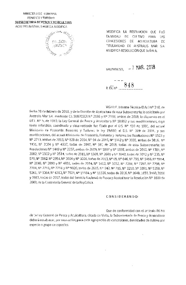 Res. Ex. N° 848-2018 Modifica Res. Ex. N° 4537-2017 Fija Densidad de Cultivo para las Concesiones de Acuicultura que Indica. (Con Informe Técnico)