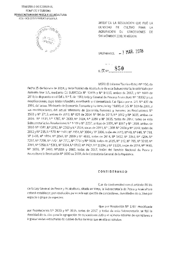 Res. Ex. N° 850-2018 Modifica Res. Ex. N° 1787-2017 Fija Densidad de Cultivo para la Agrupación de Concesiones de Salmónidos 22 D, XI Región. (Con Informe Técnico) (Publicado en Página Web 09-03-2018) (F.D.O. 20-03-2018))