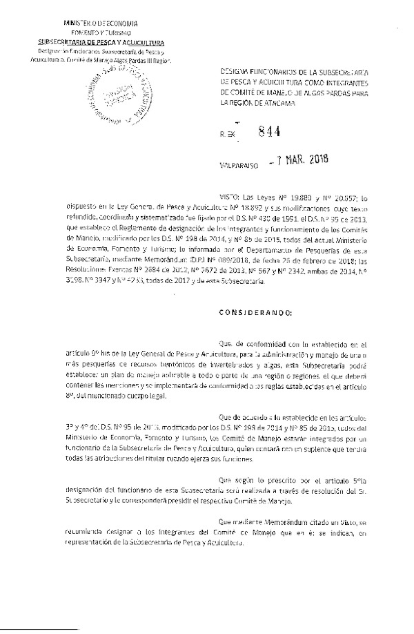 Res. Ex. N° 844-2018 Designa Funcionarios de la Subsecretaría de Pesca y Acuicultura como Integrantes de Comité de Manejo de Algas Pardas, Región de Atacama. (Publicado en Página Web 09-03-2018)