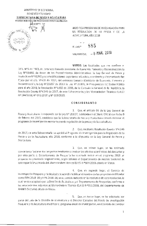 Res. Ex. N° 885-2018 Modifica Res. Ex. N° 4346-2017 Aprueba Programa de Investigación para la Regulación de la Pesca y Acuicultura, Año 2018. (Publicado en Página Web 09-03-2018)