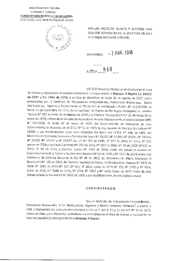 Res. Ex. N° 846-2017 Aprueba proyecto técnico para realizar actividades de acuicultura en área de manejo Baltazar, X Región. (Publicado en Página Web 09-03-2018)