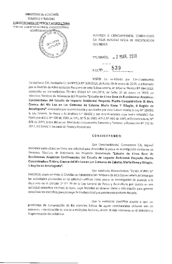 Res. Ex. N° 839-2018 Estudio línea base de ecosistemas acuáticos, II Región de Antofagasta.