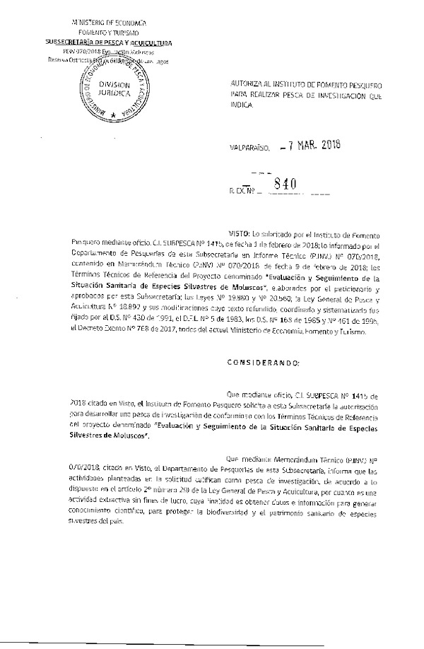 Res. Ex. N° 840-2018 Evaluación y seguimiento ostra chilena, X Región de Los Lagos.