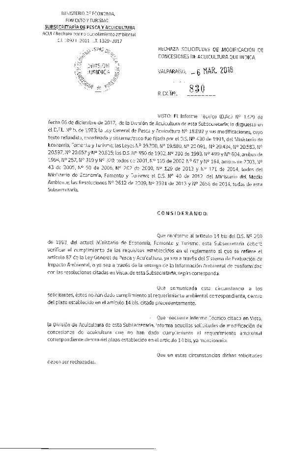 Res. Ex. N° 830-2018 Rechaza solicitudes de modificación de concesiones de acuicultura que indica.