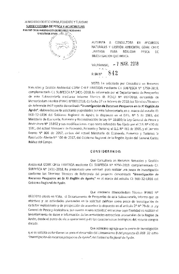 Res. Ex. N° 842-2018 Investigación de recursos pesqueros en la XI Región de Aysén.