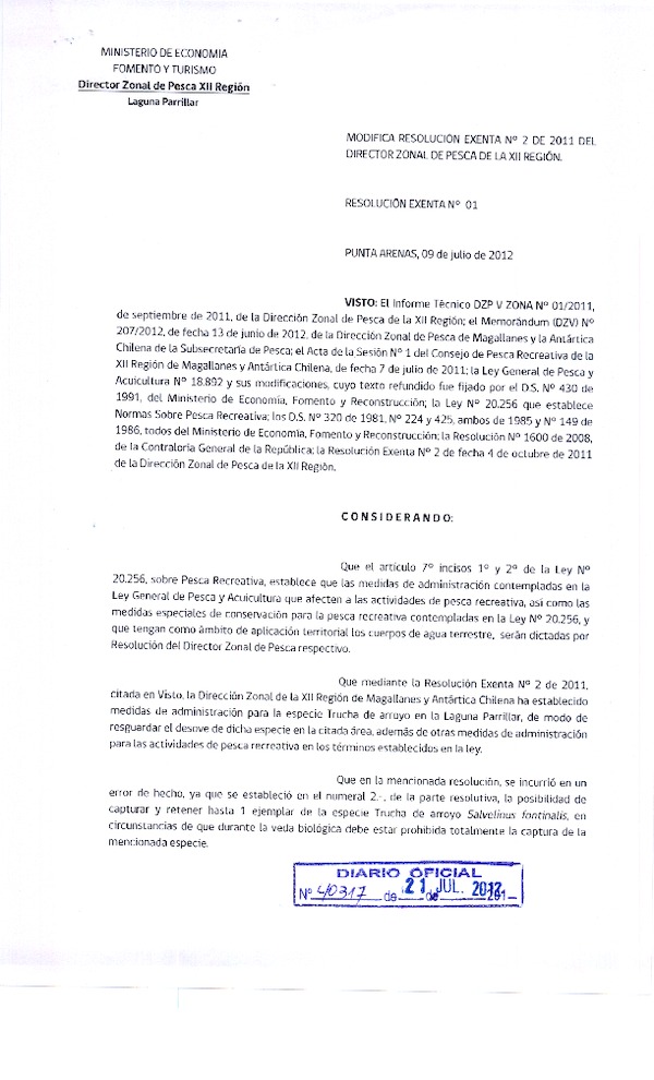 Res. Ex N° 1, modifica Mod. Res. Ex N°2 de 2011 del Director Zonal de Pesca de la XII Región